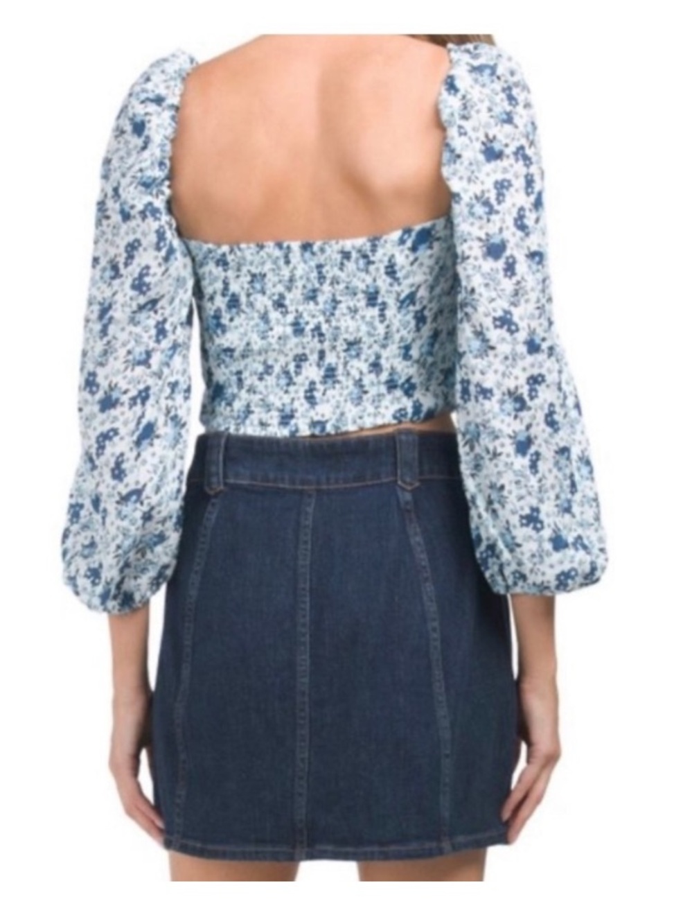 Bardot Rebolve cotton blouse blue floral y2K cropped puff sleeves XL - Picture 2 of 10